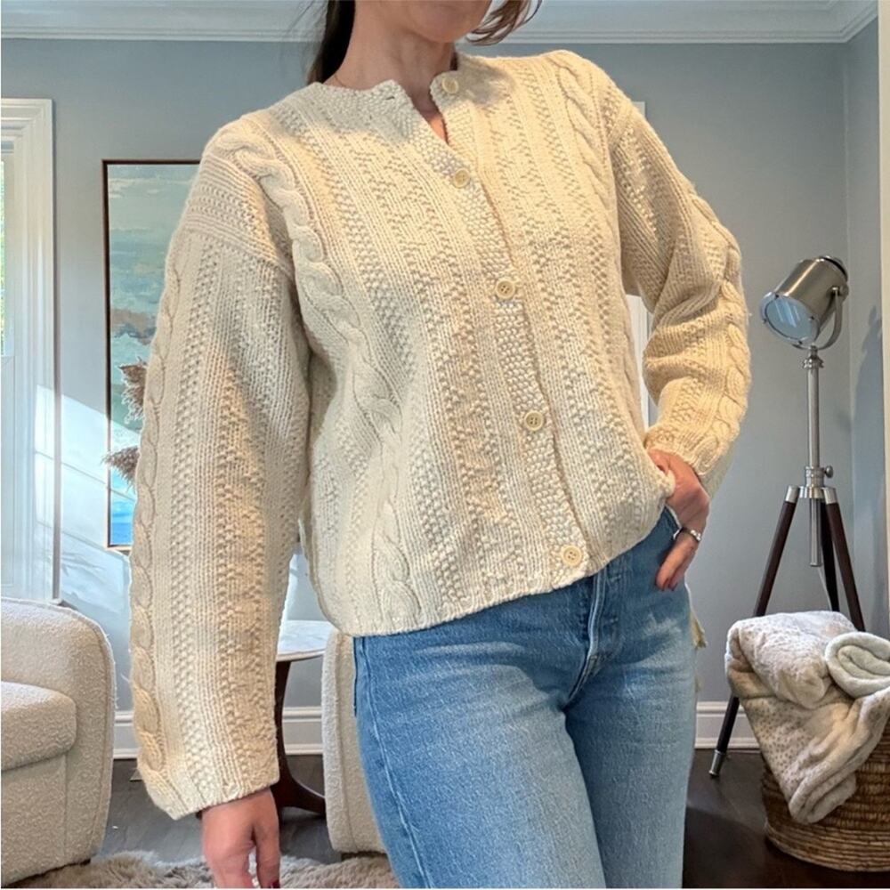 J. Crew 90s Vintage 100% wool Cable Knit Fisherman Sweater Cardigan